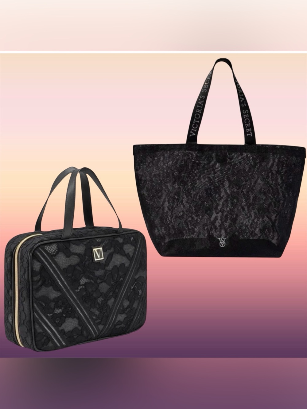 Victoria’s Secret Black Lace Logo Tote Bag with BLING STRAPS set